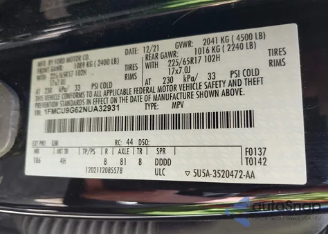 2022 Ford Escape Se z USA, uszkodzony, nr VIN 1FMCU9G62NUA32931